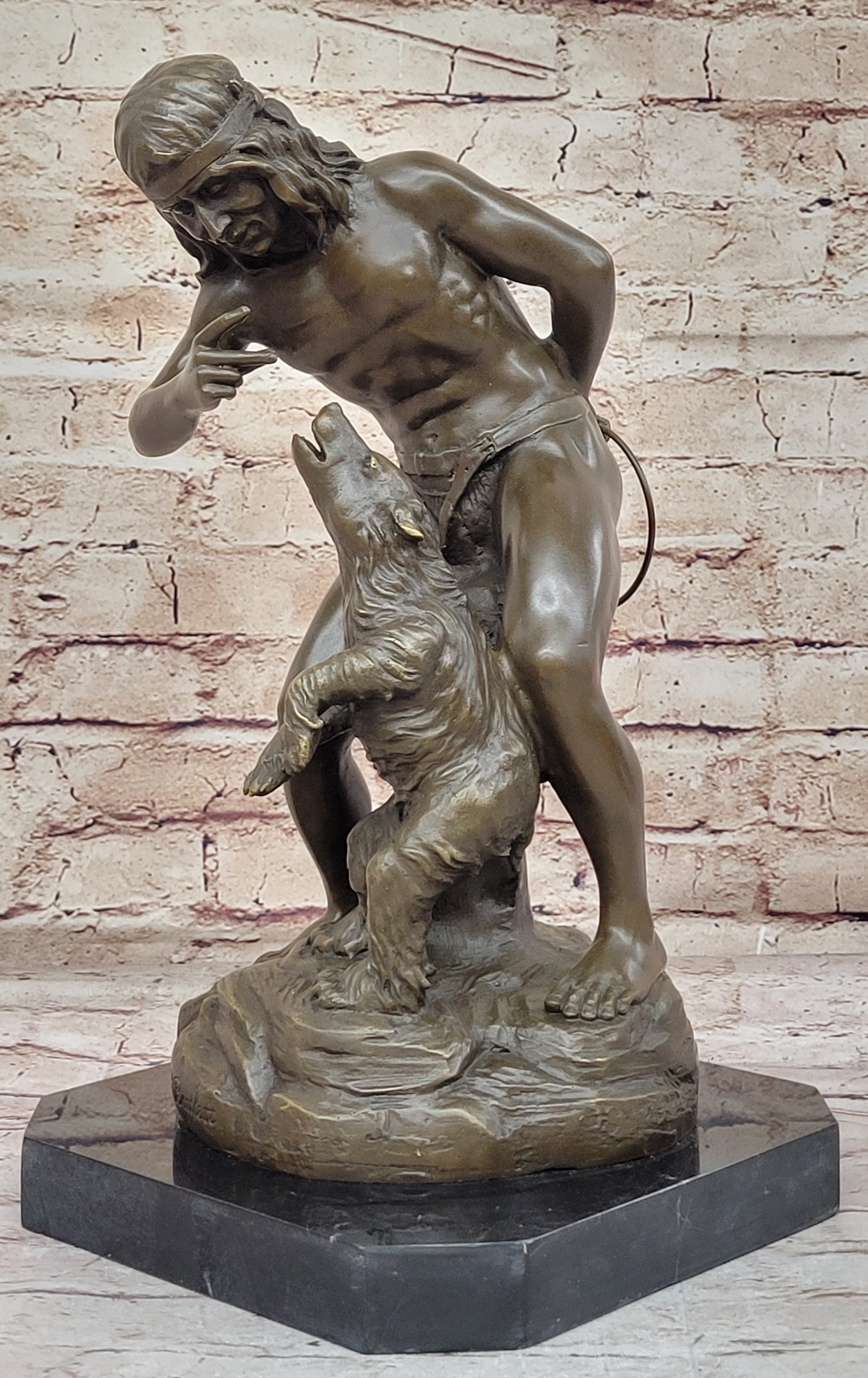 Native American Indian Shaman Taming a Bear - Bronze by P. Bartlett