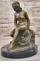Nude Classical Female Figure Sitting on Rock Bronze Statue Sculpture Decor 13" x 10.5"
