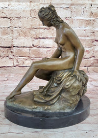 Nude Classical Female Figure Sitting on Rock Bronze Statue Sculpture Decor 13" x 10.5"