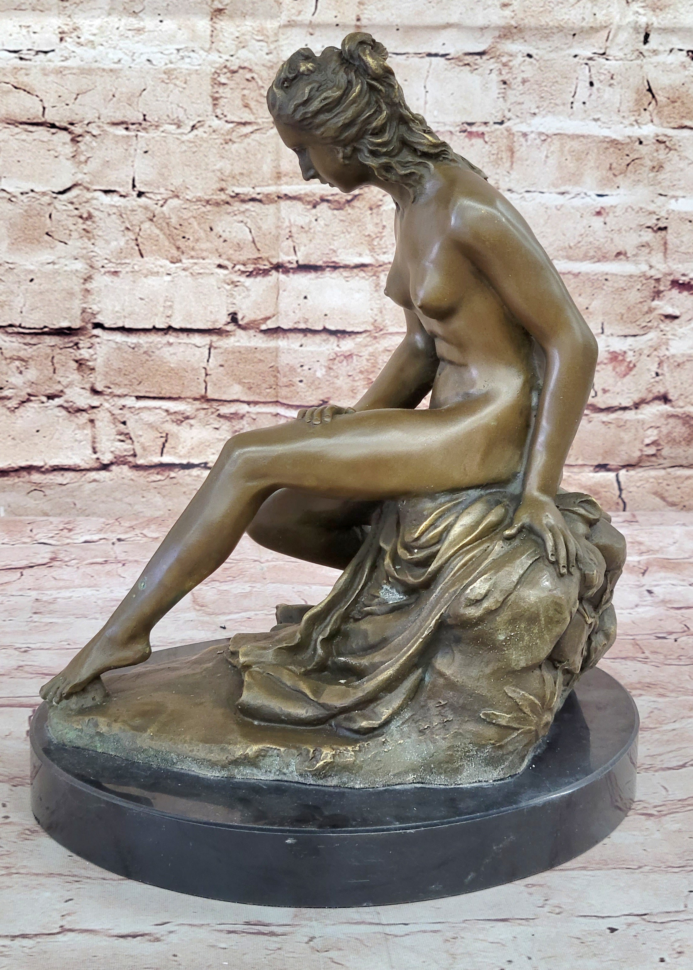 Nude Classical Female Figure Sitting on Rock Bronze Statue Sculpture Decor 13" x 10.5"