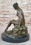 Nude Classical Female Figure Sitting on Rock Bronze Statue Sculpture Decor 13" x 10.5"
