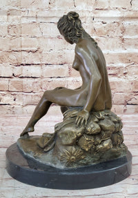 Nude Classical Female Figure Sitting on Rock Bronze Statue Sculpture Decor 13" x 10.5"