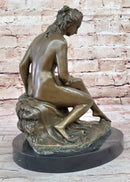 Nude Classical Female Figure Sitting on Rock Bronze Statue Sculpture Decor 13" x 10.5"