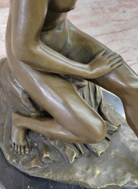 Nude Classical Female Figure Sitting on Rock Bronze Statue Sculpture Decor 13" x 10.5"