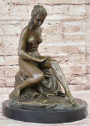 Nude Classical Female Figure Sitting on Rock Bronze Statue Sculpture Decor 13" x 10.5"
