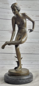 Playful Nude Girl Bronze Sculpture Figure after Lucien Alliot 15" x 9"