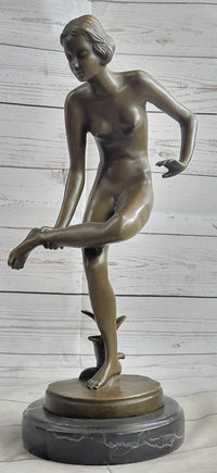 Playful Nude Girl Bronze Sculpture Figure after Lucien Alliot 15" x 9"