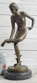Playful Nude Girl Bronze Sculpture Figure after Lucien Alliot 15" x 9"