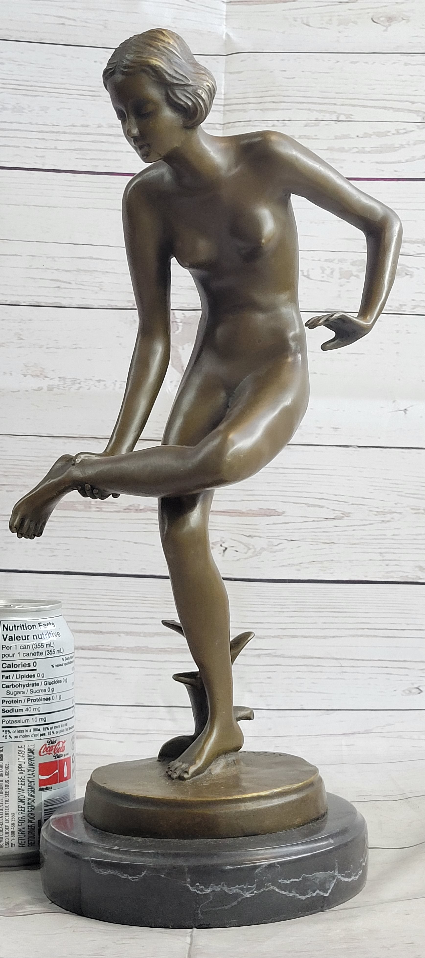 Playful Nude Girl Bronze Sculpture Figure after Lucien Alliot 15" x 9"