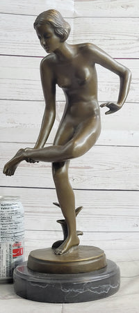 Playful Nude Girl Bronze Sculpture Figure after Lucien Alliot 15" x 9"