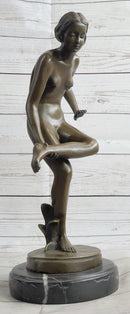 Playful Nude Girl Bronze Sculpture Figure after Lucien Alliot 15" x 9"