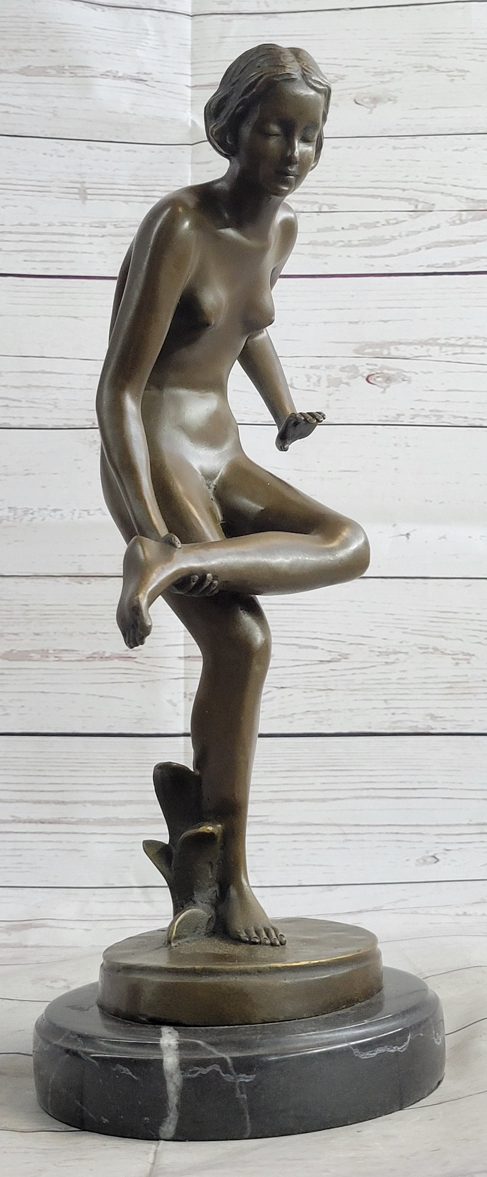 Playful Nude Girl Bronze Sculpture Figure after Lucien Alliot 15" x 9"