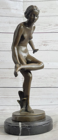 Playful Nude Girl Bronze Sculpture Figure after Lucien Alliot 15" x 9"