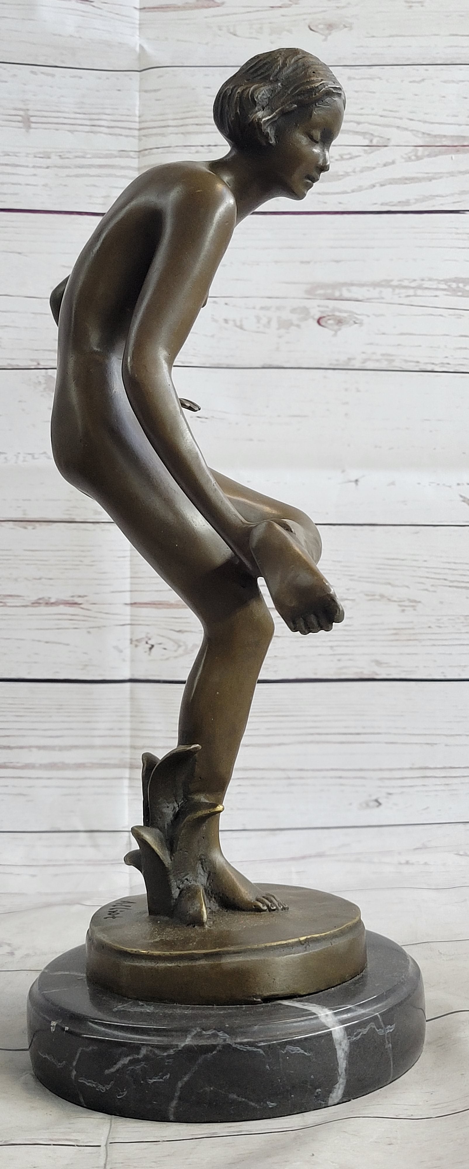 Playful Nude Girl Bronze Sculpture Figure after Lucien Alliot 15" x 9"
