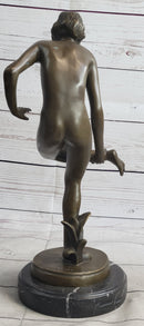 Playful Nude Girl Bronze Sculpture Figure after Lucien Alliot 15" x 9"