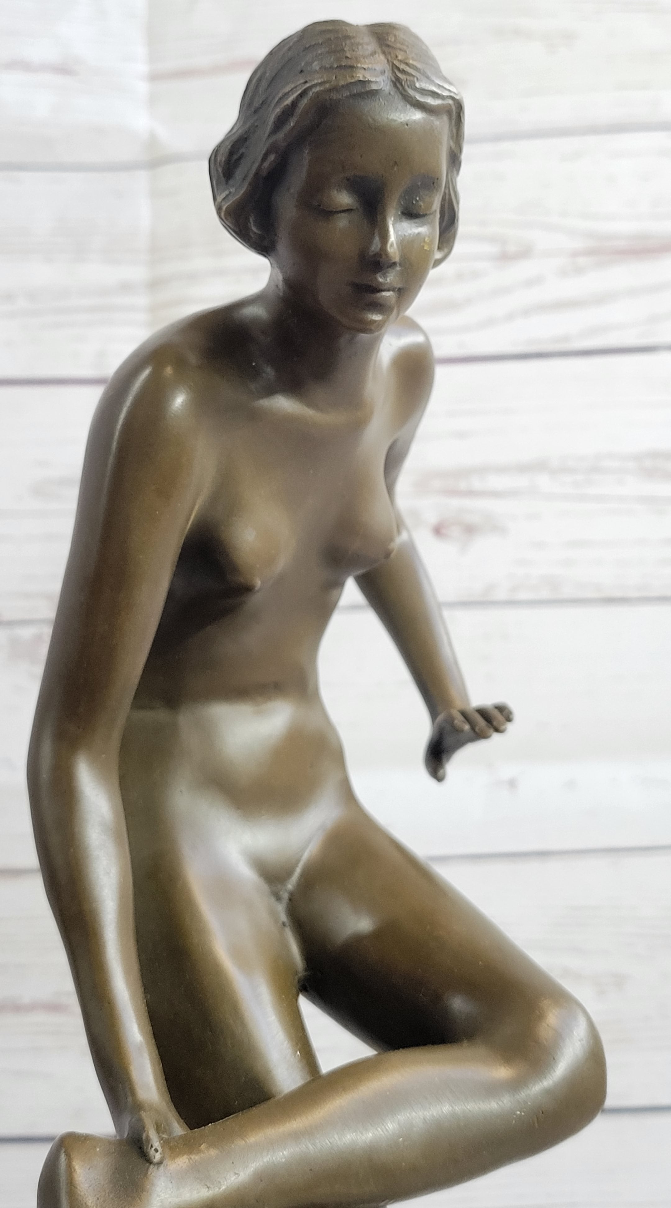 Playful Nude Girl Bronze Sculpture Figure after Lucien Alliot 15" x 9"