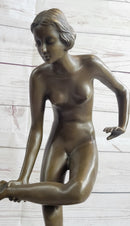 Playful Nude Girl Bronze Sculpture Figure after Lucien Alliot 15" x 9"
