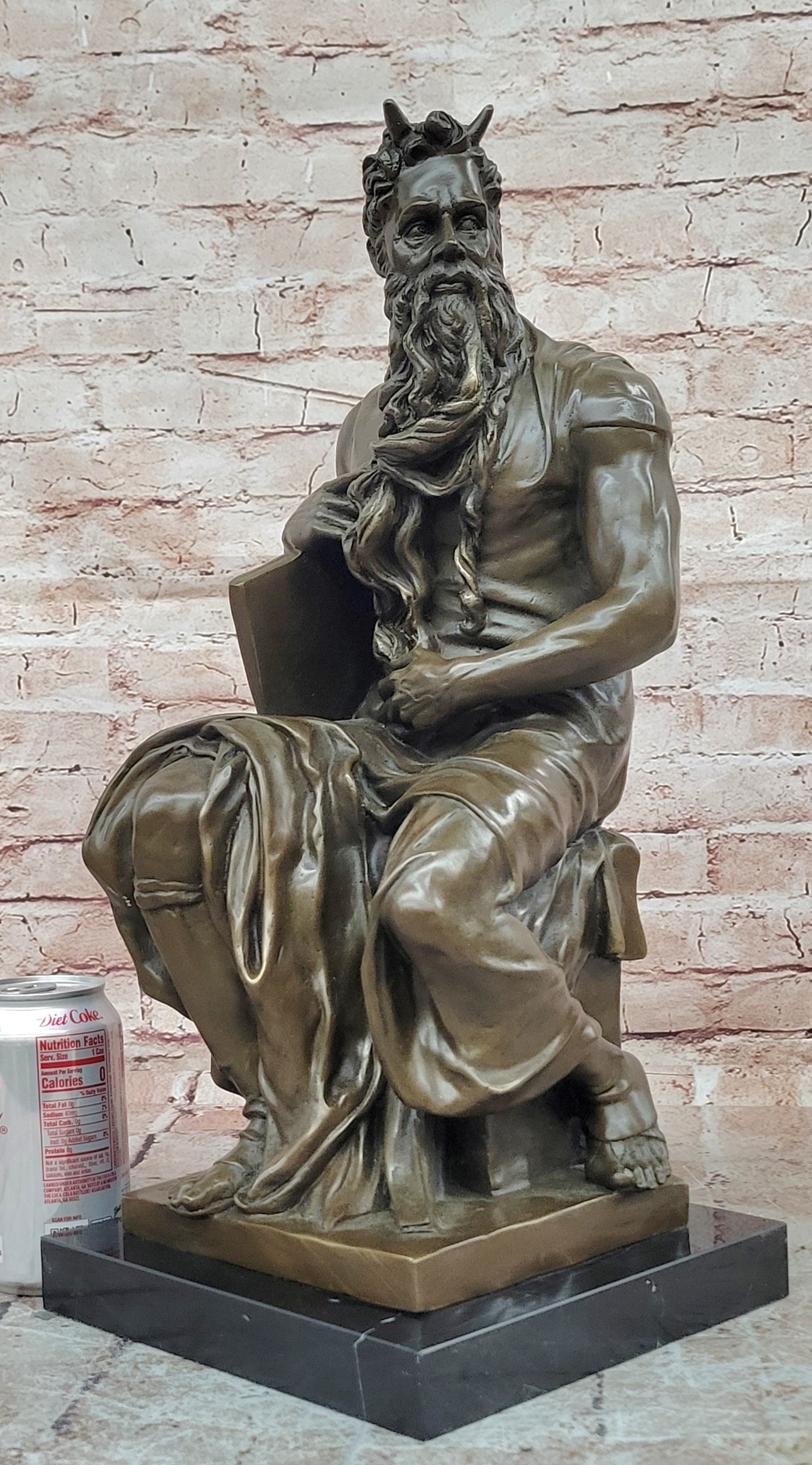 Bronze Figure Moses Signed Michelangelo Sculptures Decorative Figurine Statue on Marble Base
