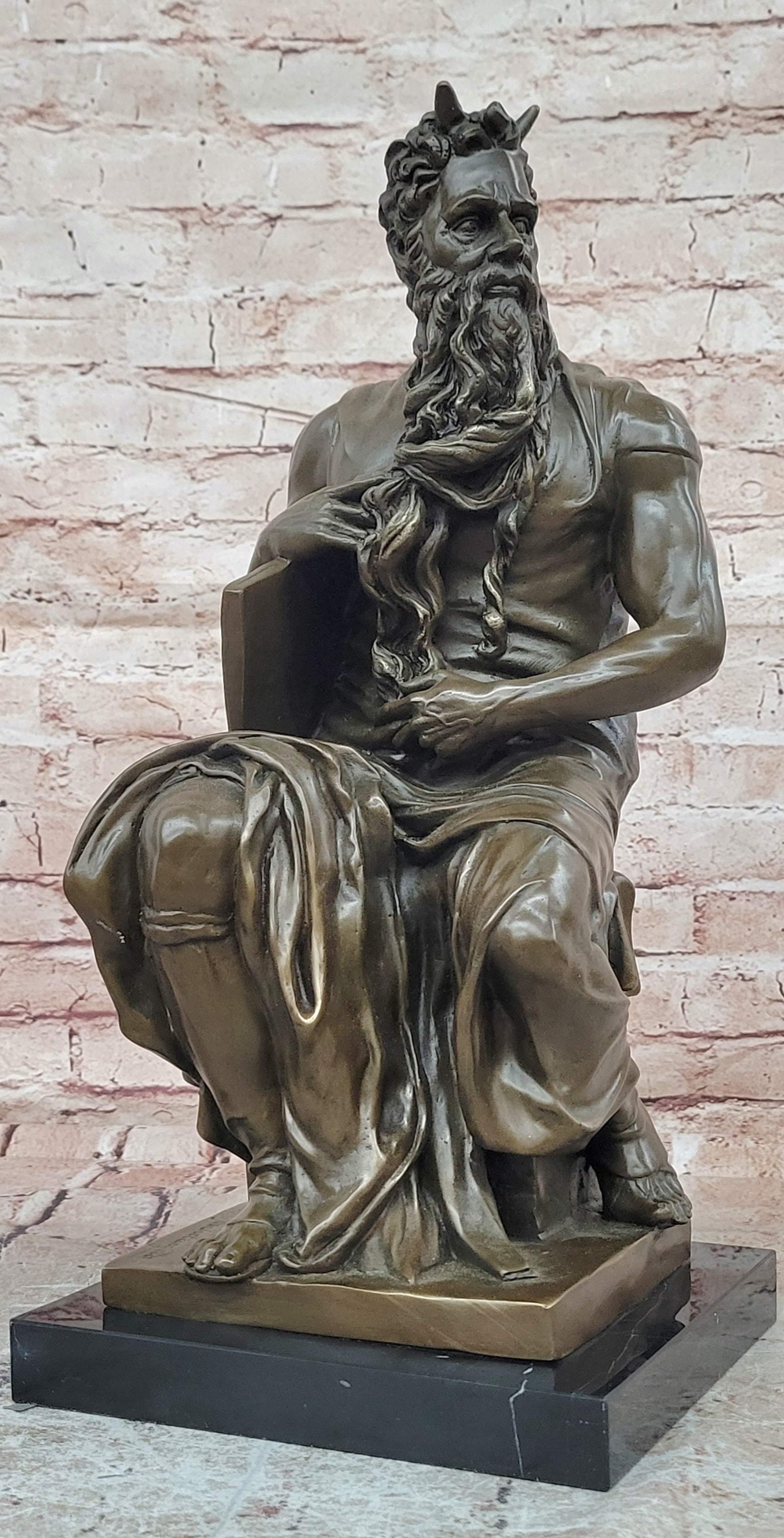 Bronze Figure Moses Signed Michelangelo Sculptures Decorative Figurine Statue on Marble Base