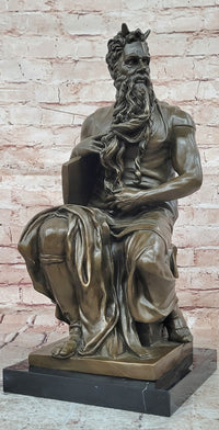 Bronze Figure Moses Signed Michelangelo Sculptures Decorative Figurine Statue on Marble Base