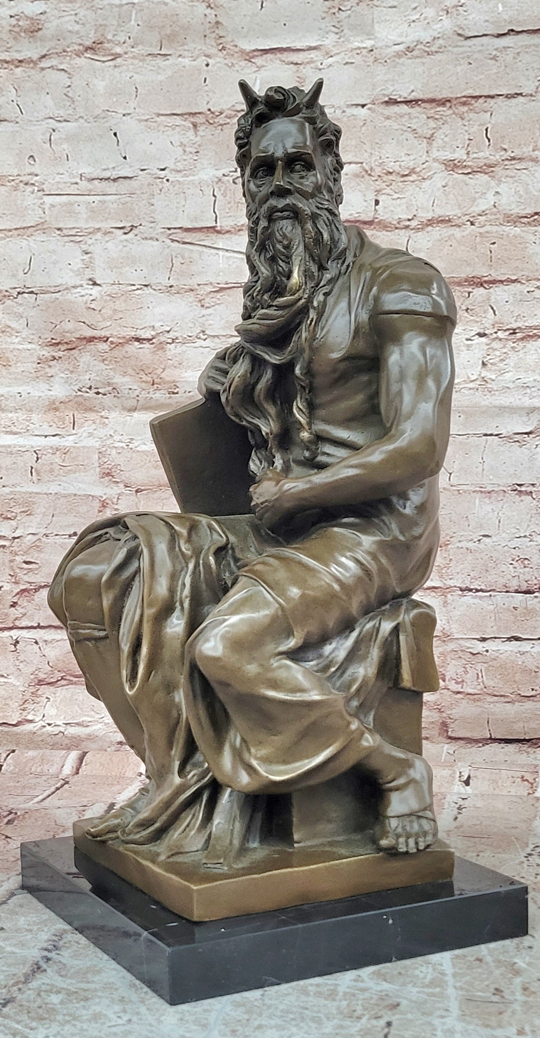 Bronze Figure Moses Signed Michelangelo Sculptures Decorative Figurine Statue on Marble Base