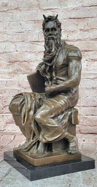 Bronze Figure Moses Signed Michelangelo Sculptures Decorative Figurine Statue on Marble Base