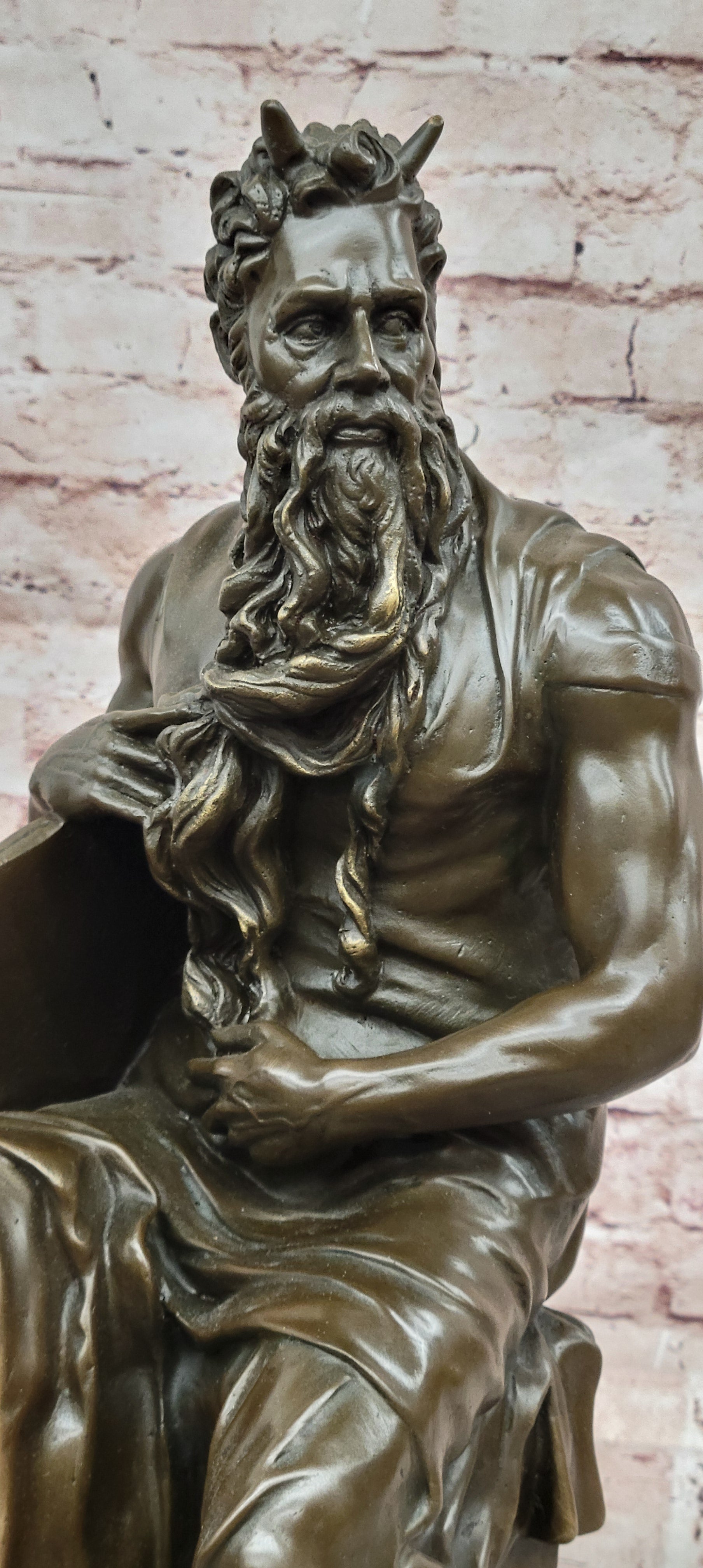 Bronze Figure Moses Signed Michelangelo Sculptures Decorative Figurine Statue on Marble Base