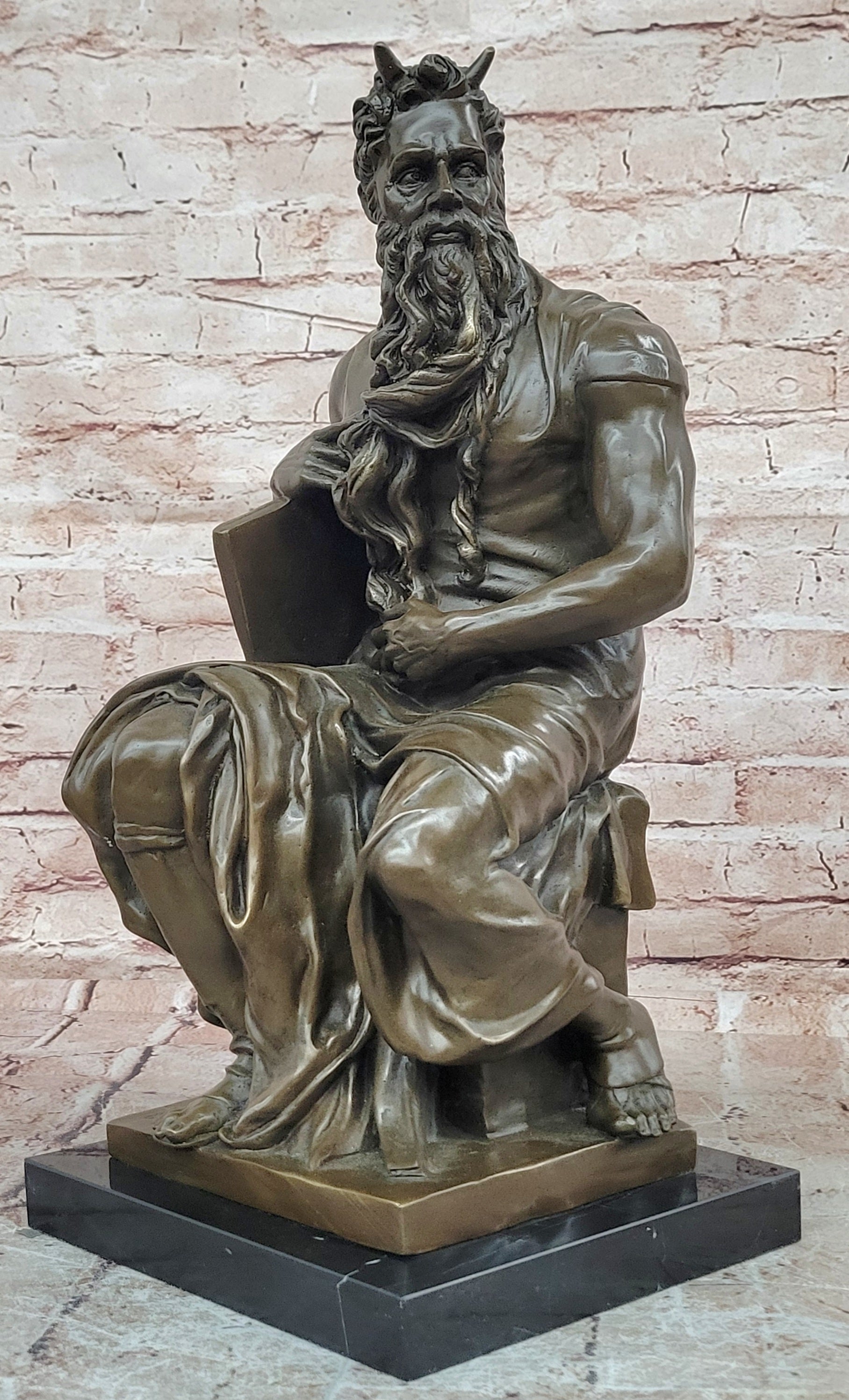 Bronze Figure Moses Signed Michelangelo Sculptures Decorative Figurine Statue on Marble Base