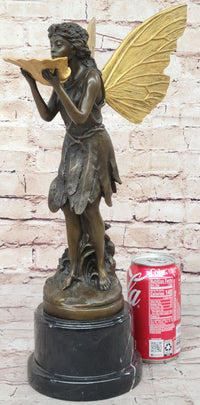 Gold Winged Fairy Girl Holding Seashell Dish Bronze Sculpture