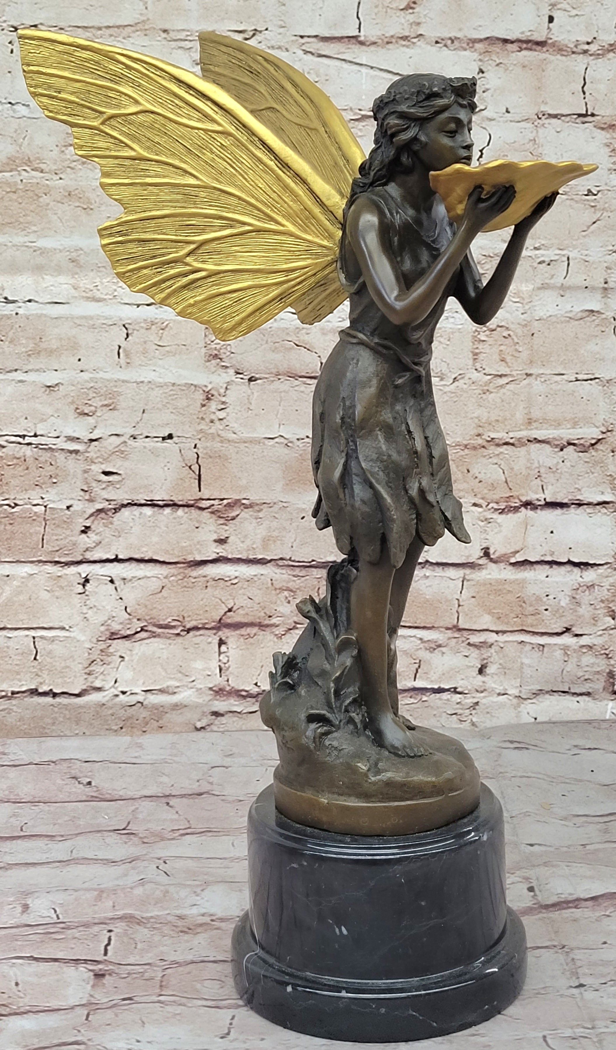 Gold Winged Fairy Girl Holding Seashell Dish Bronze Sculpture