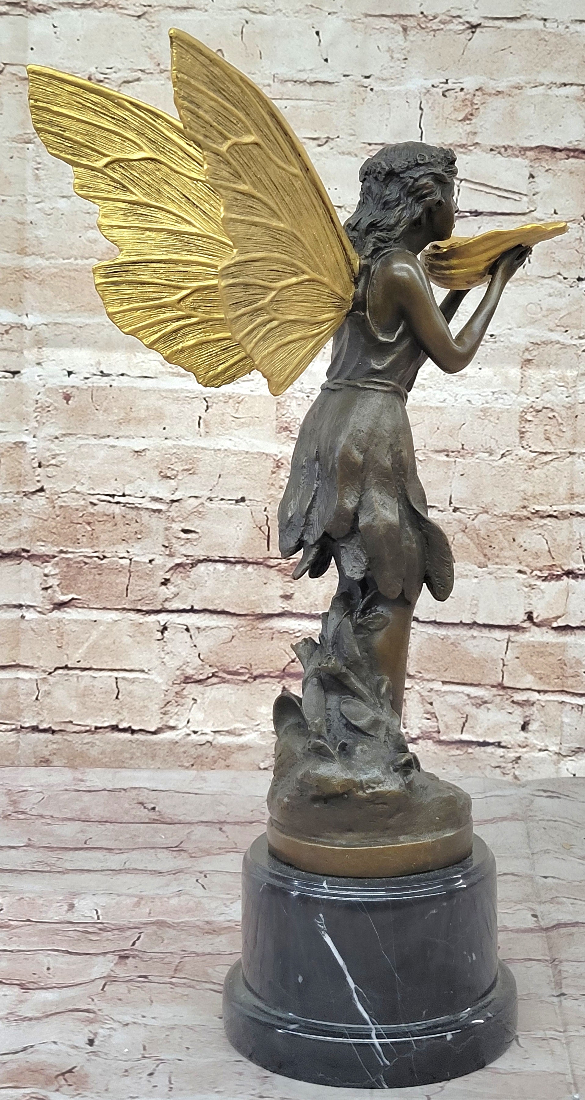 Gold Winged Fairy Girl Holding Seashell Dish Bronze Sculpture