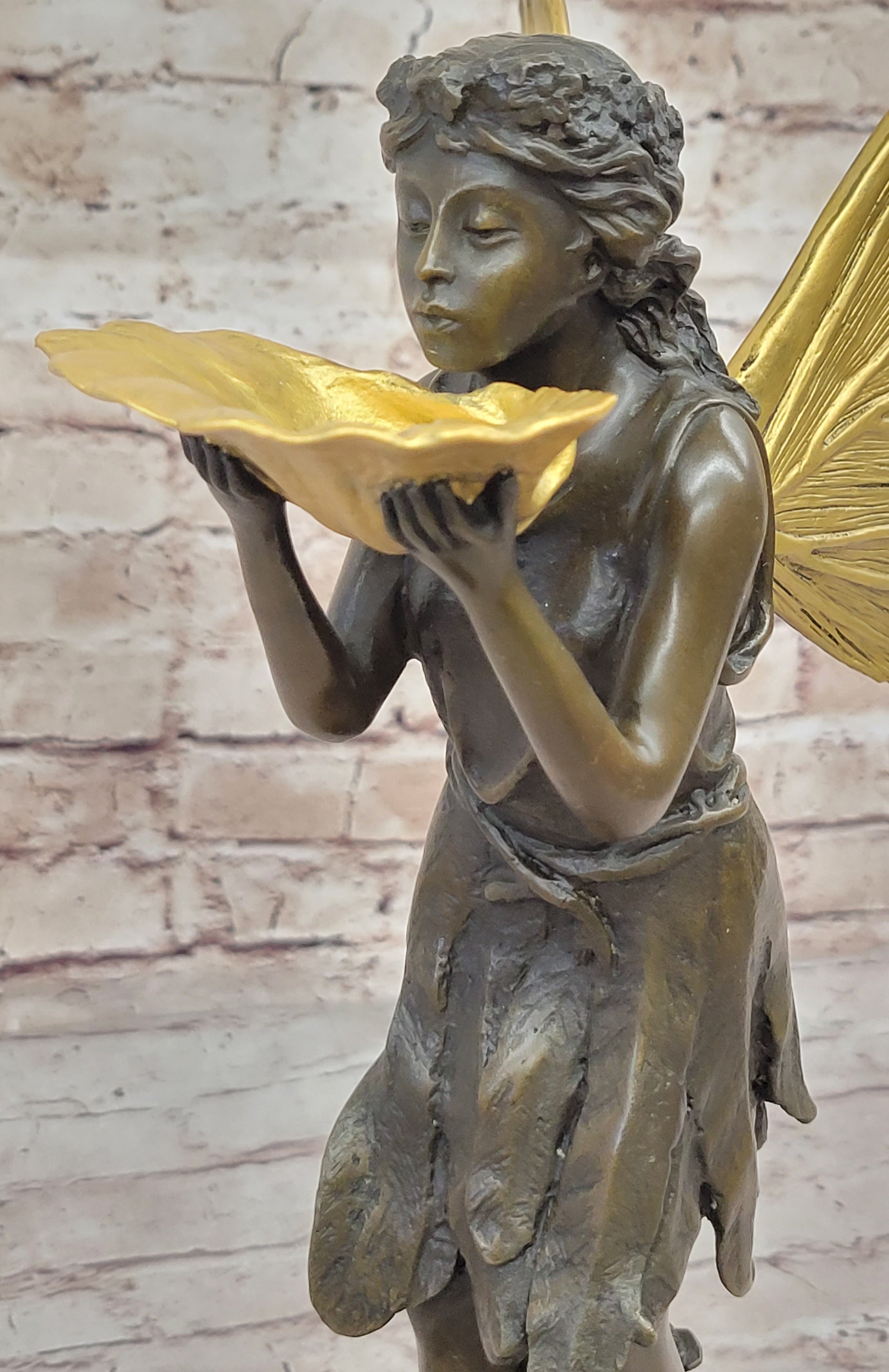 Gold Winged Fairy Girl Holding Seashell Dish Bronze Sculpture