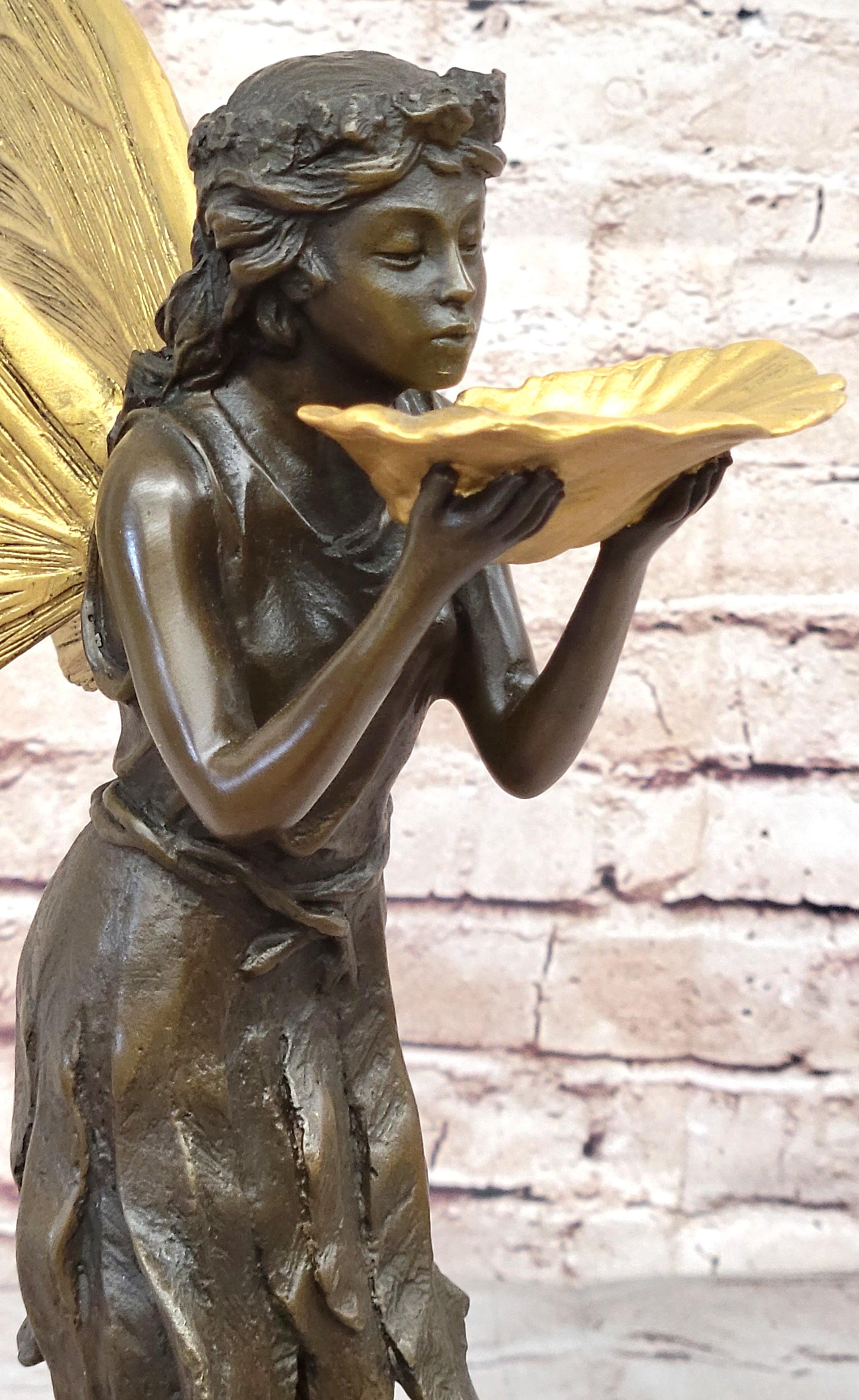 Gold Winged Fairy Girl Holding Seashell Dish Bronze Sculpture