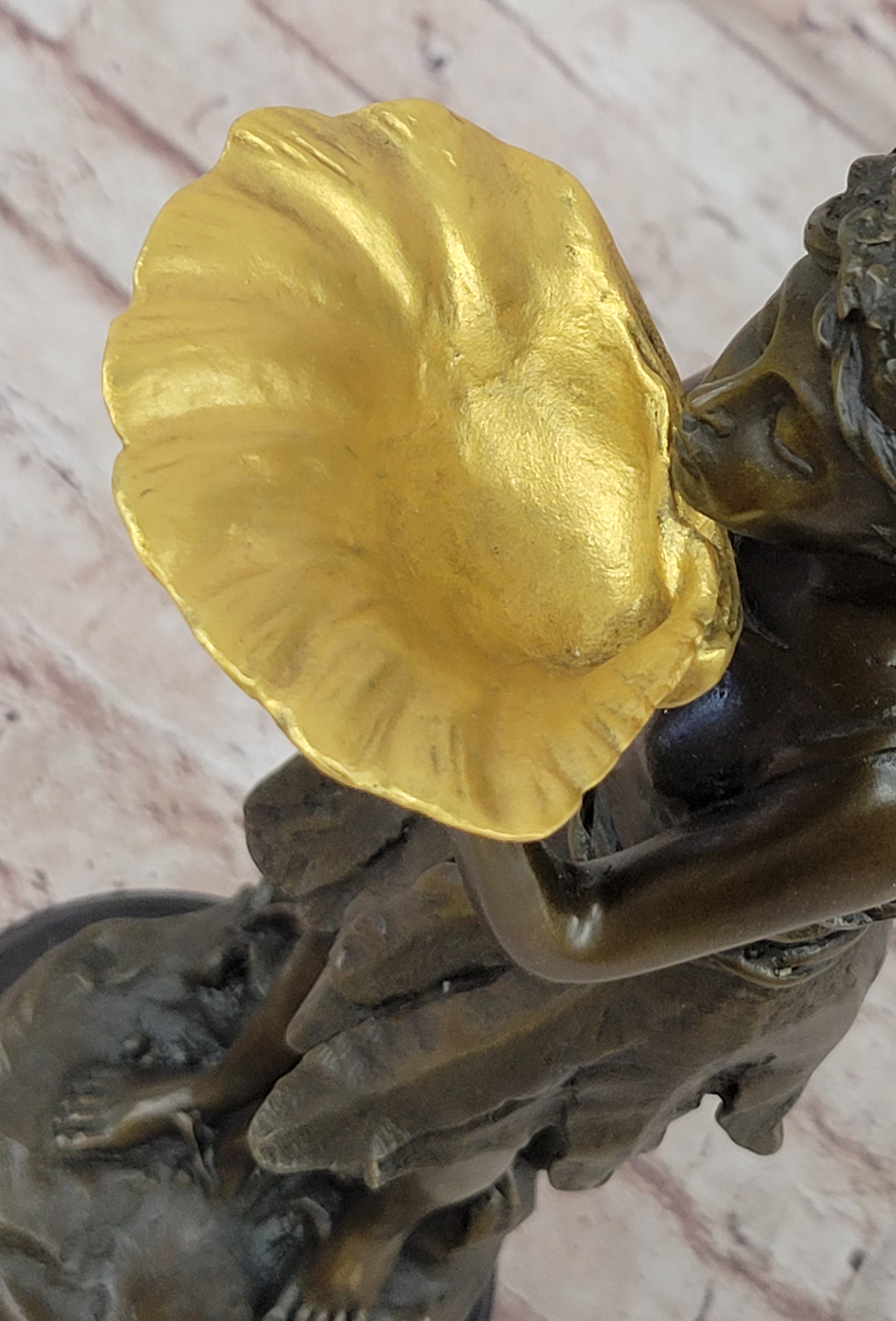 Gold Winged Fairy Girl Holding Seashell Dish Bronze Sculpture
