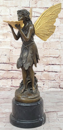 Gold Winged Fairy Girl Holding Seashell Dish Bronze Sculpture
