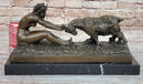 Nude Girl w/ Playful Goat - Vintage Style Bronze Sculpture on Marble Base by Gory