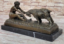 Nude Girl w/ Playful Goat - Vintage Style Bronze Sculpture on Marble Base by Gory