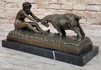 Nude Girl w/ Playful Goat - Vintage Style Bronze Sculpture on Marble Base by Gory