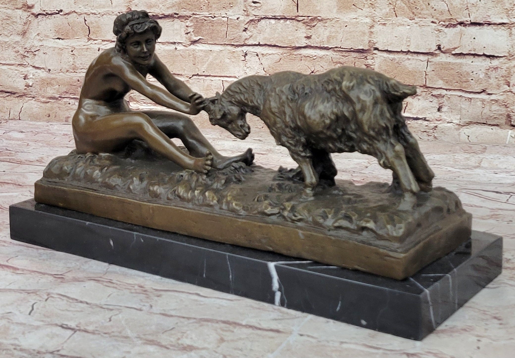 Nude Girl w/ Playful Goat - Vintage Style Bronze Sculpture on Marble Base by Gory