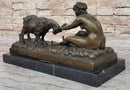 Nude Girl w/ Playful Goat - Vintage Style Bronze Sculpture on Marble Base by Gory