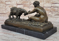 Nude Girl w/ Playful Goat - Vintage Style Bronze Sculpture on Marble Base by Gory