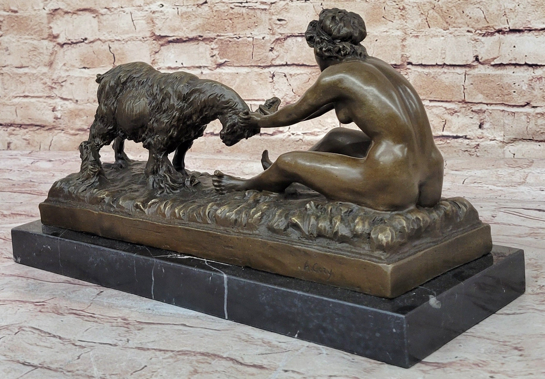 Nude Girl w/ Playful Goat - Vintage Style Bronze Sculpture on Marble Base by Gory
