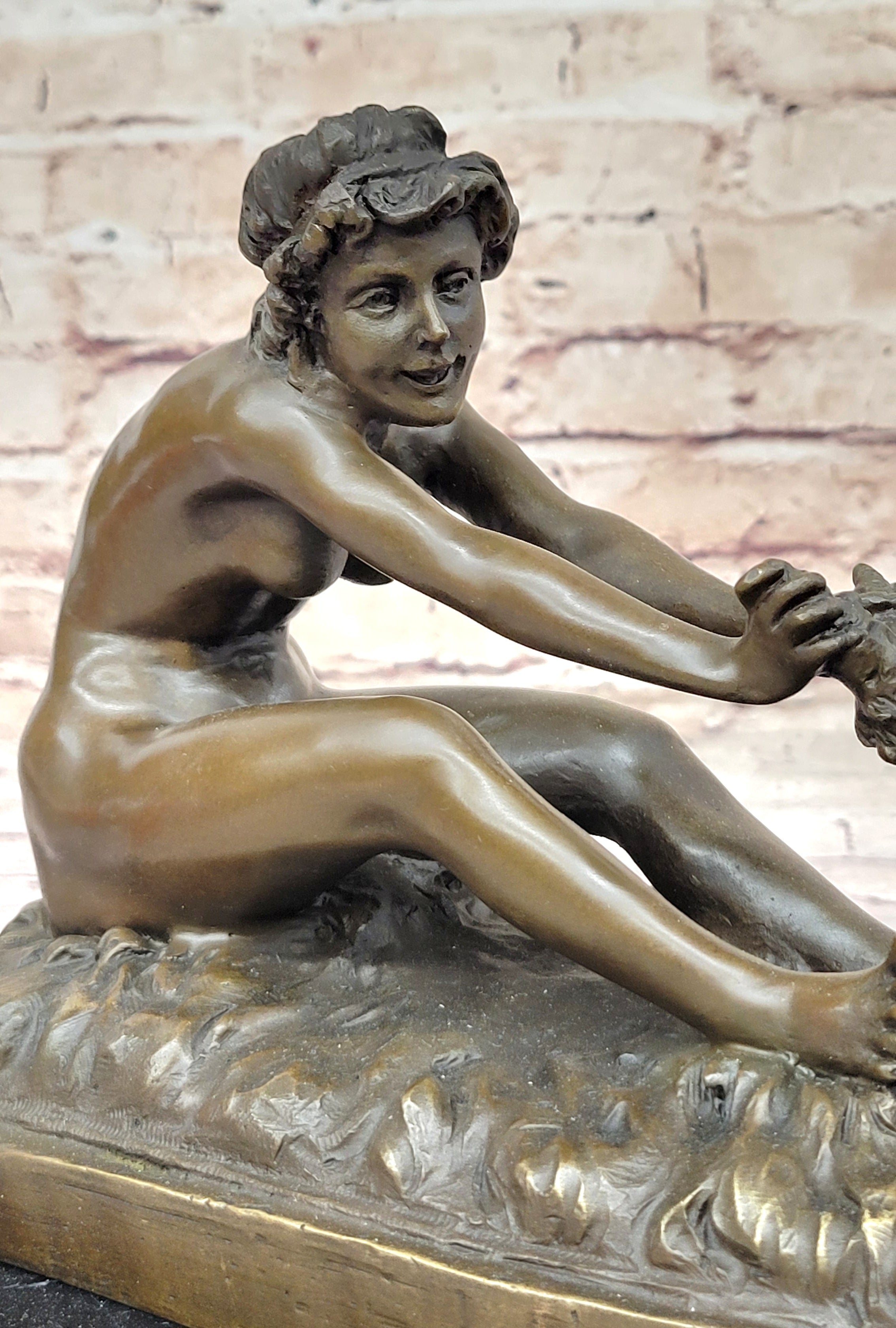 Nude Girl w/ Playful Goat - Vintage Style Bronze Sculpture on Marble Base by Gory