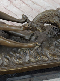 Nude Girl w/ Playful Goat - Vintage Style Bronze Sculpture on Marble Base by Gory