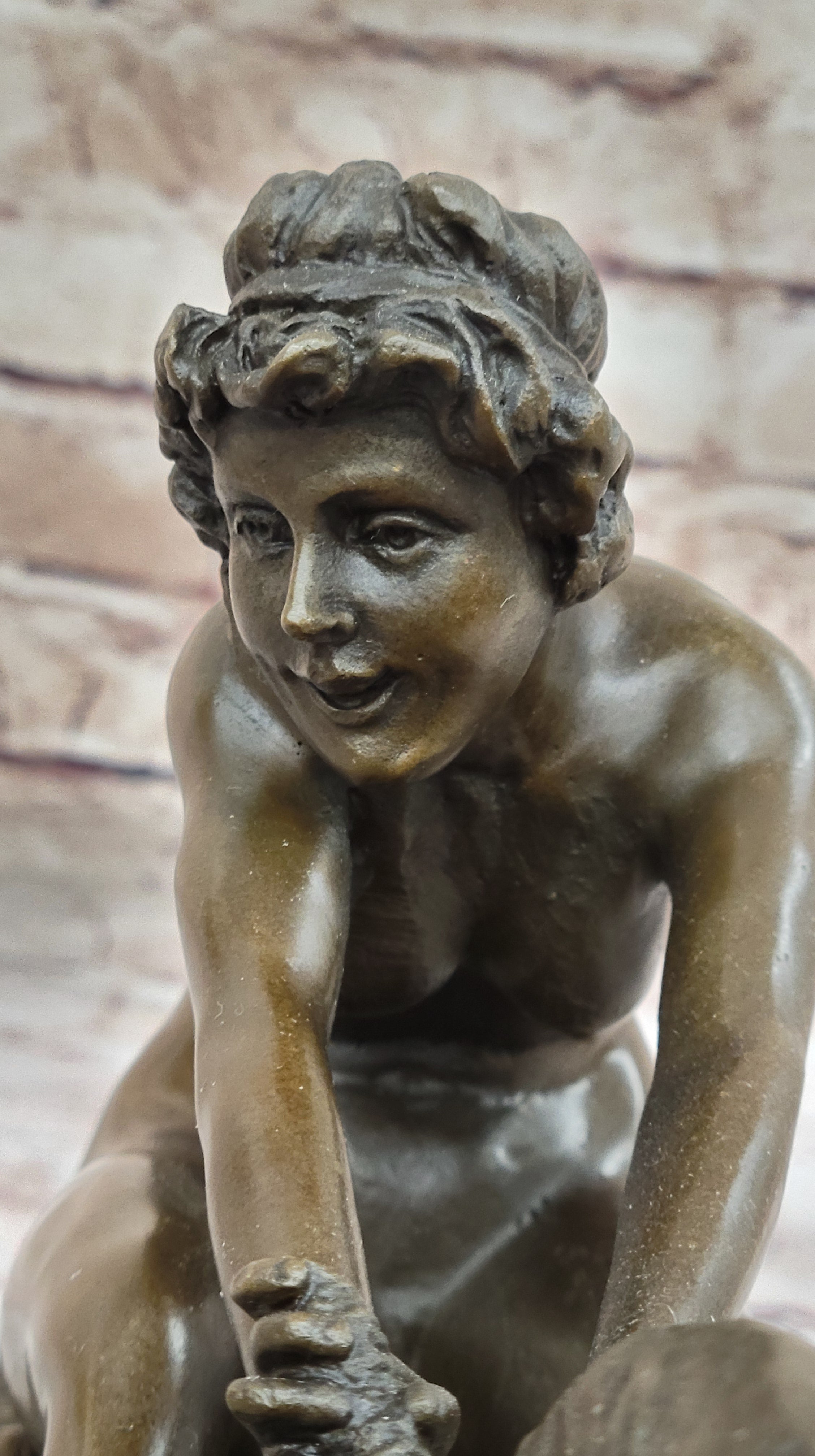 Nude Girl w/ Playful Goat - Vintage Style Bronze Sculpture on Marble Base by Gory