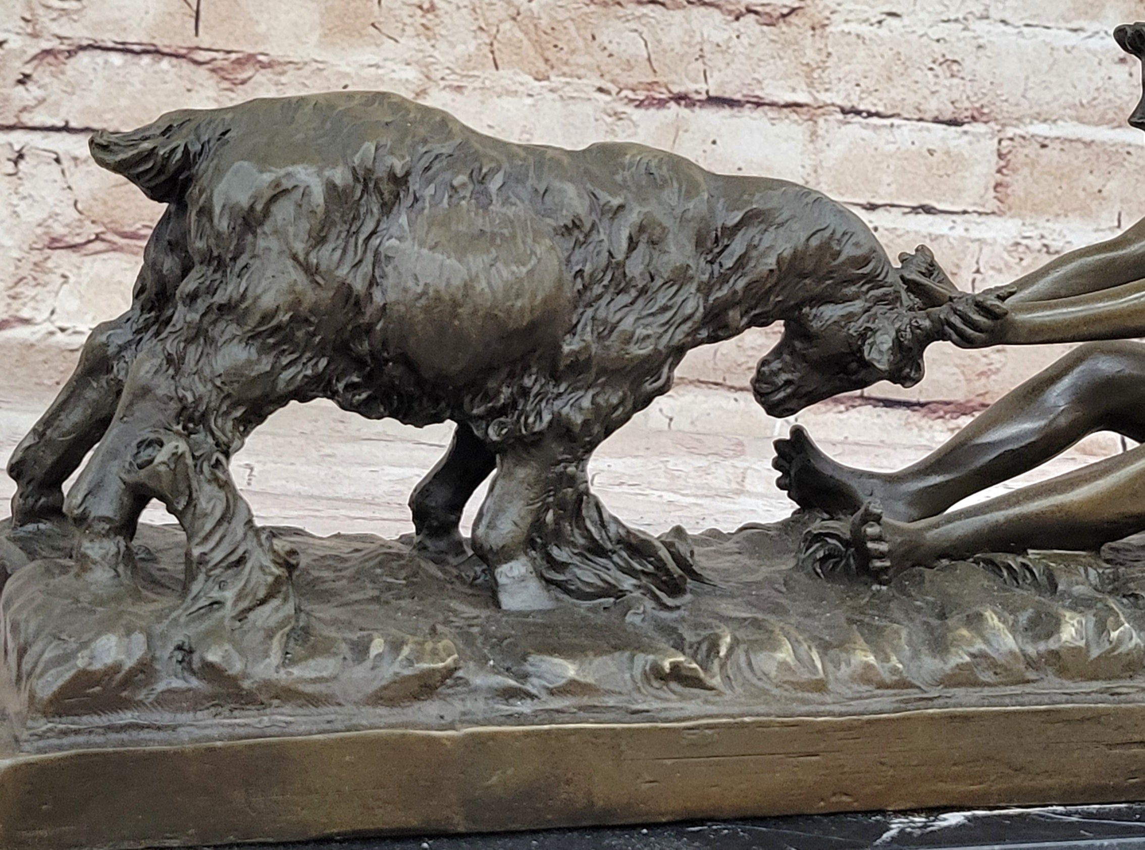 Nude Girl w/ Playful Goat - Vintage Style Bronze Sculpture on Marble Base by Gory