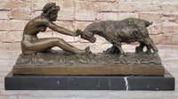 Nude Girl w/ Playful Goat - Vintage Style Bronze Sculpture on Marble Base by Gory