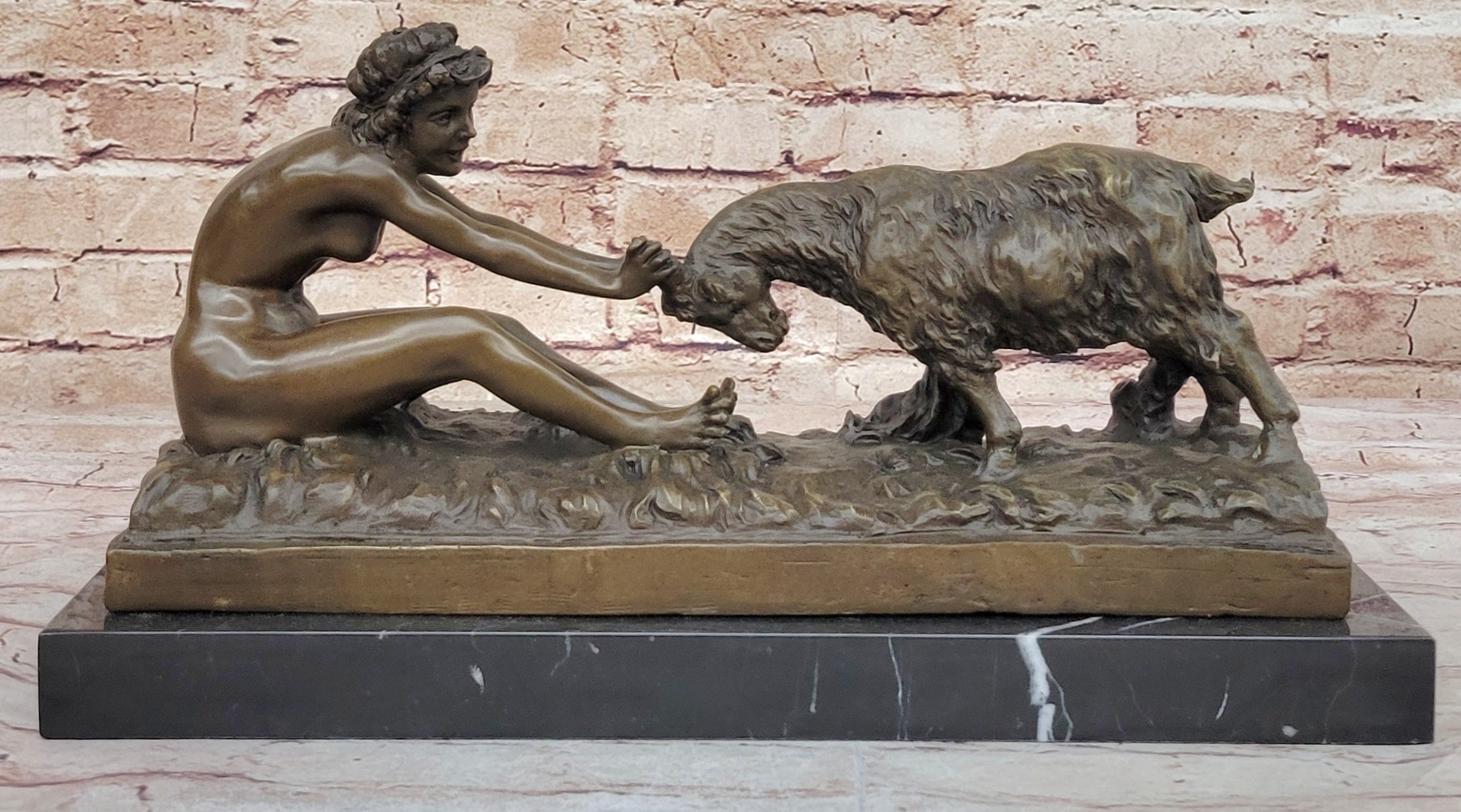 Nude Girl w/ Playful Goat - Vintage Style Bronze Sculpture on Marble Base by Gory