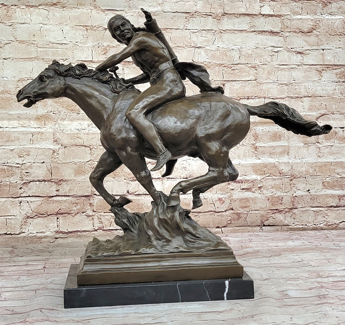 Native American Indian Warrior Hunter on Horseback - Bronze Sculpture by Mario Nick