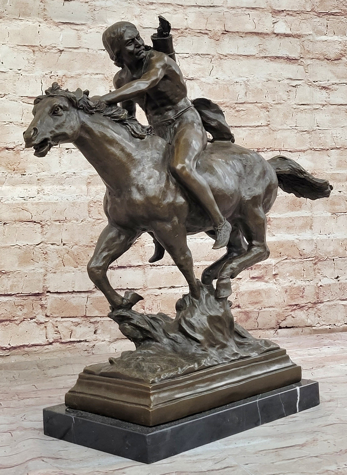 Native American Indian Warrior Hunter on Horseback - Bronze Sculpture by Mario Nick
